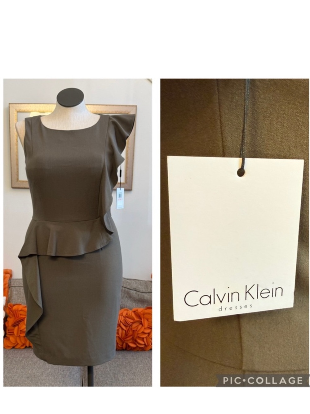 ❣️🆕Calvin Klein Olive Green Asymmetrical Ruffle Detail Sleeveless Sheath Dress❣️
